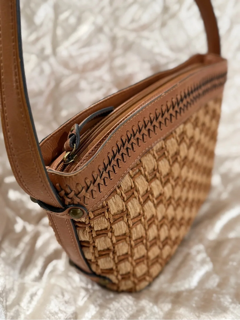 Vintage Fossil Woven Raffia & Leather Shoulder Bag - Brown
